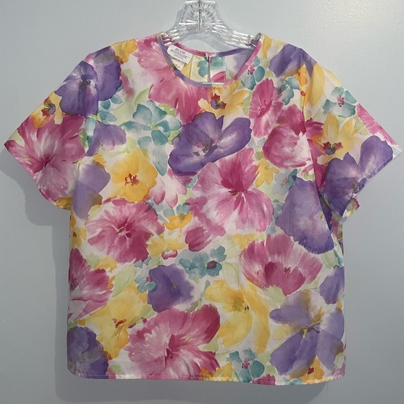 Blair Tops - Vintage Blair Women’s Blouse Bold Floral Bright Short Sleeve Top Size 16 L XL